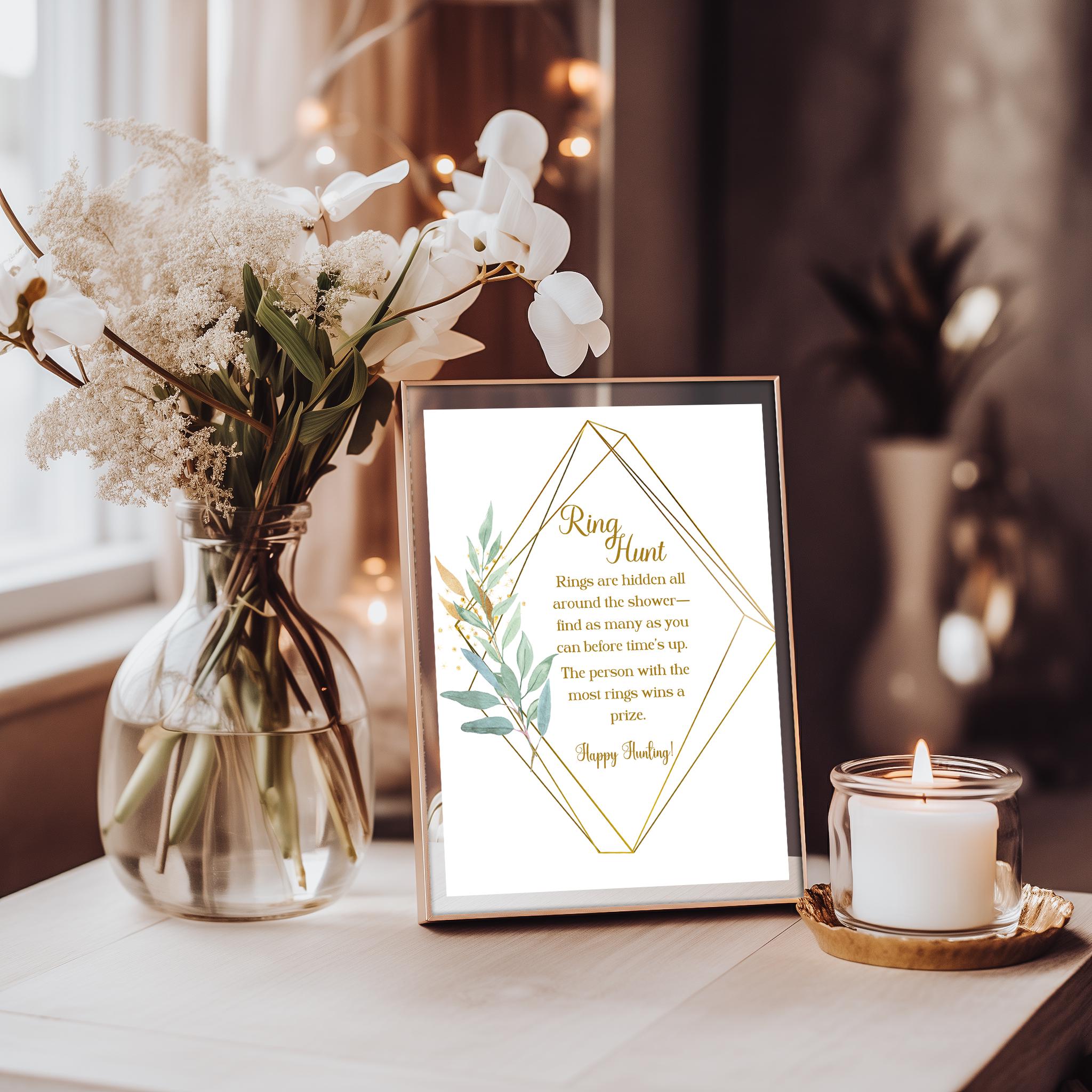 Bridal shower activity printable with elegant gold and green colors.