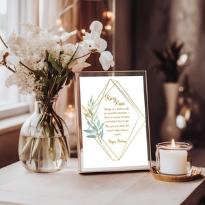 Bridal shower activity printable with elegant gold and green colors.