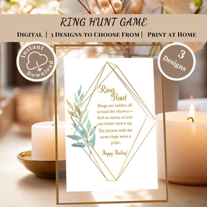 Printable Ring Hunt Bridal Shower Game with gold and green floral design