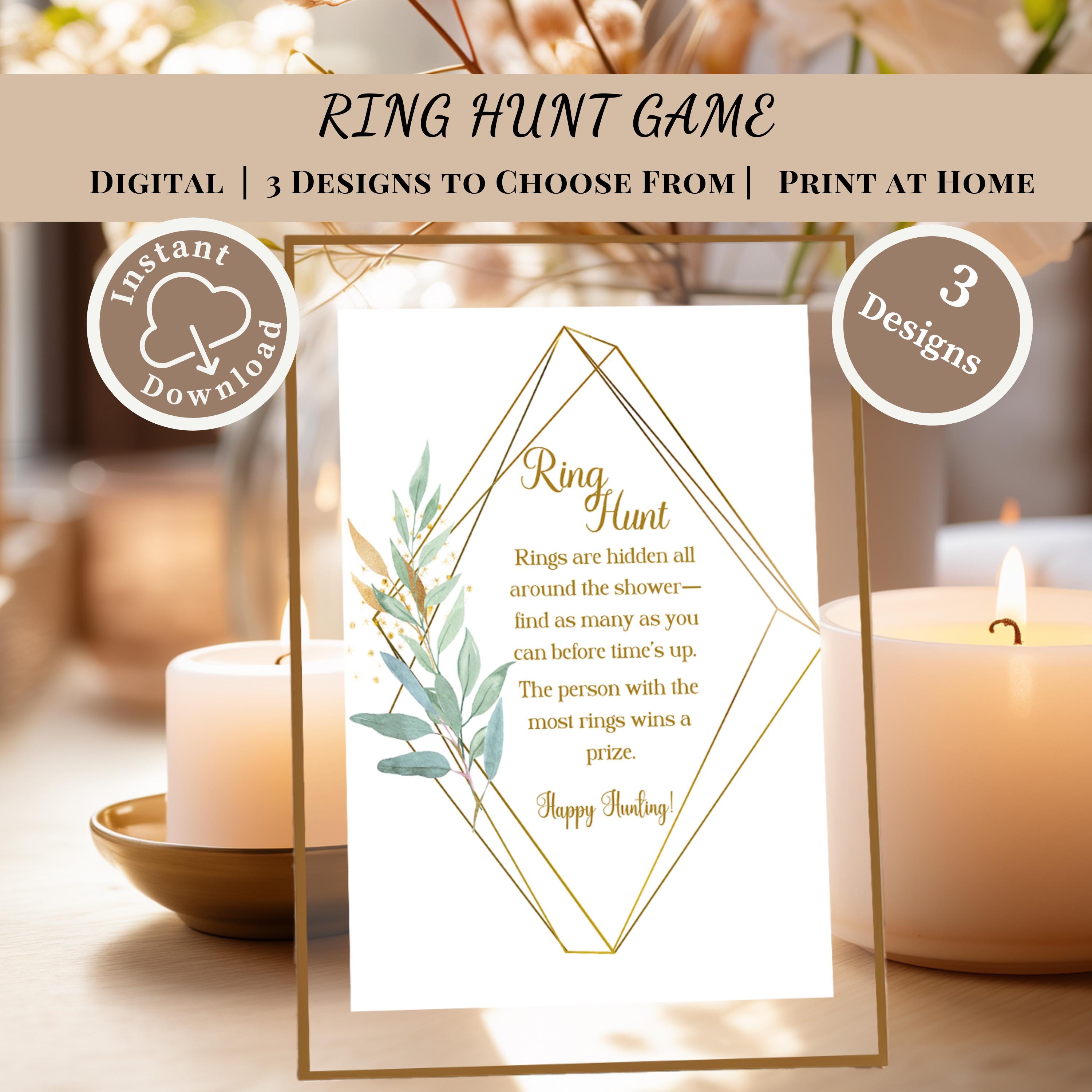 Printable Ring Hunt Bridal Shower Game with gold and green floral design